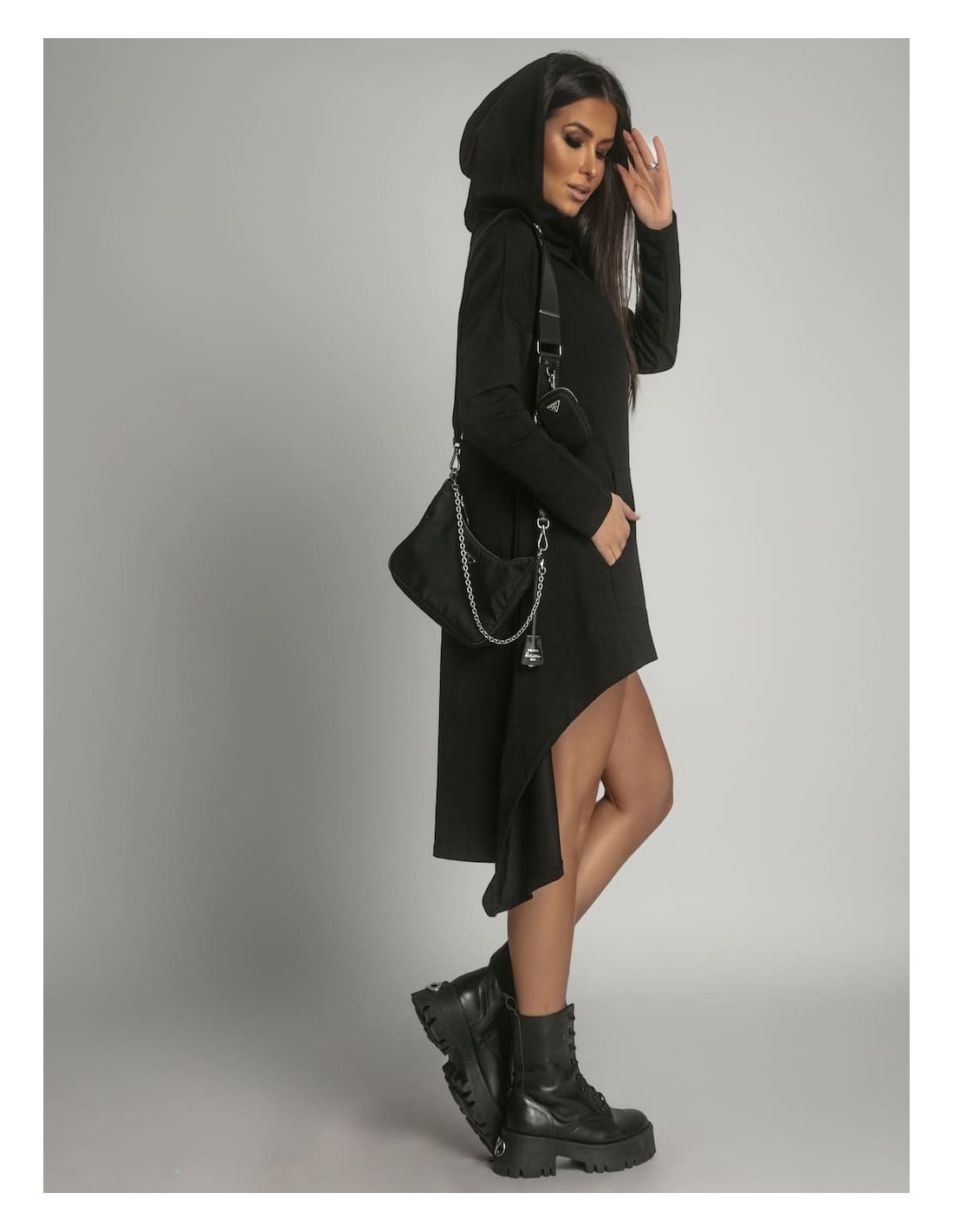 Asymmetric tunic with oversize hood, black FI589 - Online store - Boutique